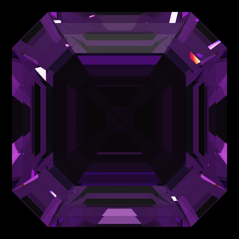 Asscher cut in amethyst face-up under a single bright light: a render from our simulator, its coloured flashes are the fire (score 52)