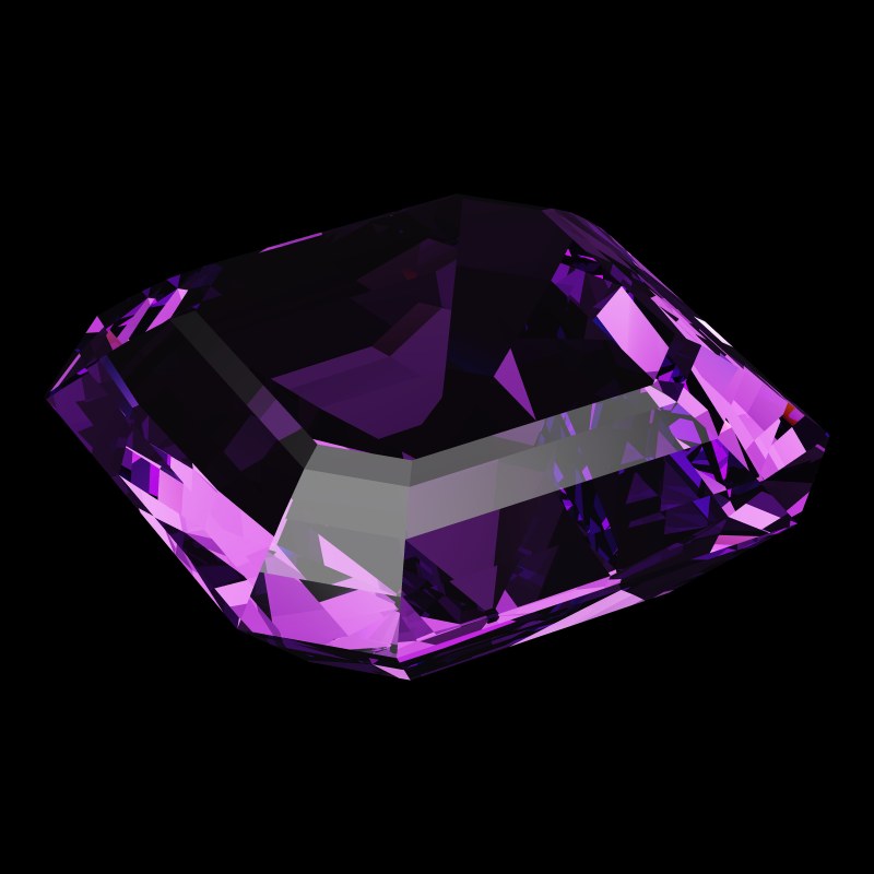The Asscher Cut in amethyst, rendered at an angle in our 3D Gemstone Simulator under studio light