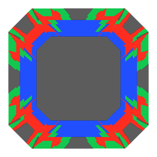 Asscher cut in amethyst face-up Light Return map: red, green and blue show where the light returns from, grey shows where it leaks (Brilliance 60)