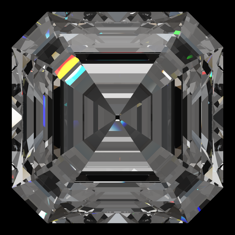Asscher cut in cubic zirconia face-up under a single bright light: a render from our simulator, its coloured flashes are the fire (score 88)