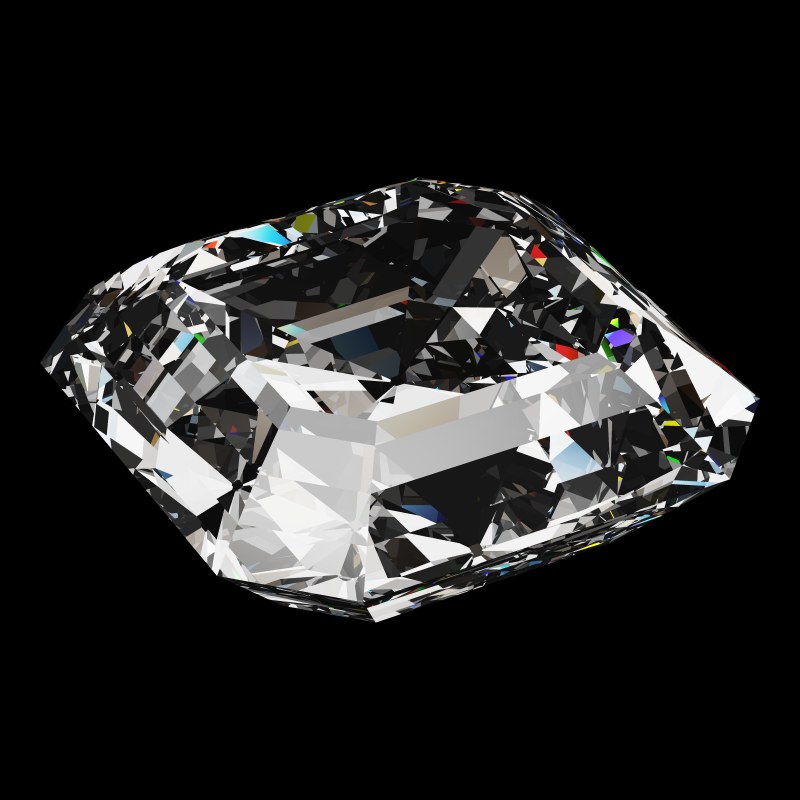 The Asscher Cut in cubic zirconia, rendered at an angle in our 3D Gemstone Simulator under studio light