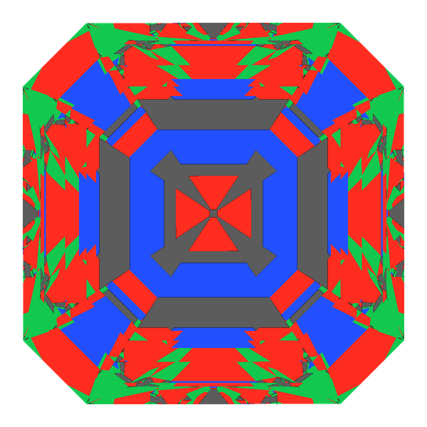Asscher cut in cubic zirconia face-up Light Return map: red, green and blue show where the light returns from, grey shows where it leaks (Brilliance 74)