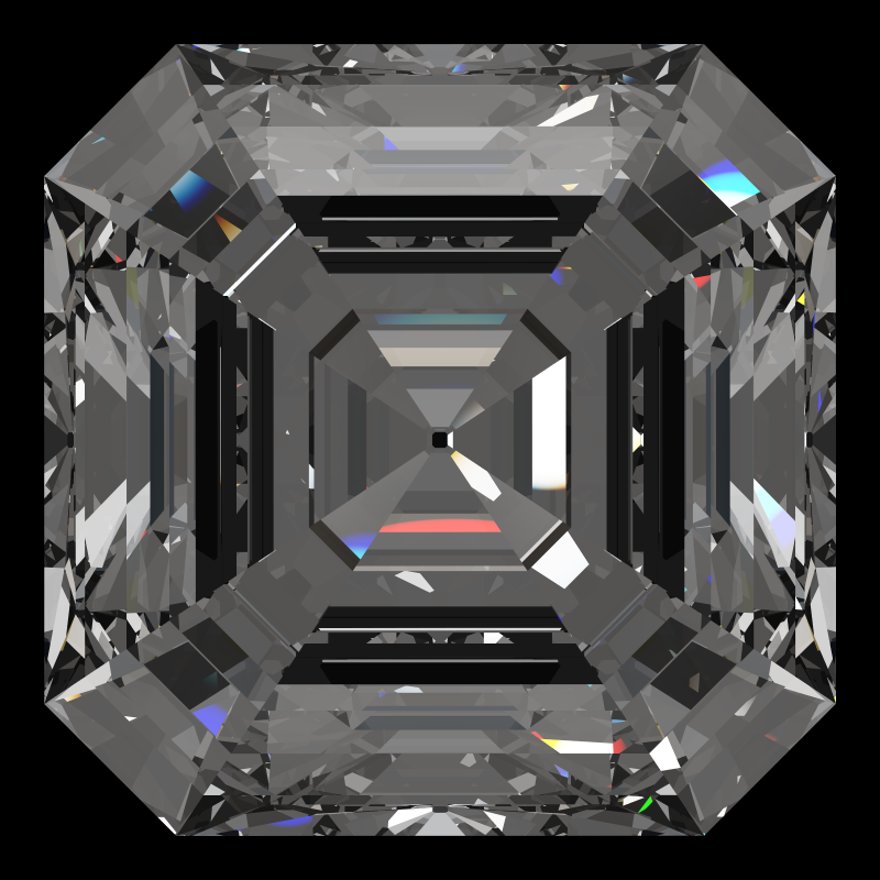 Asscher cut in diamond face-up under a single bright light: a render from our simulator, its coloured flashes are the fire (score 80)