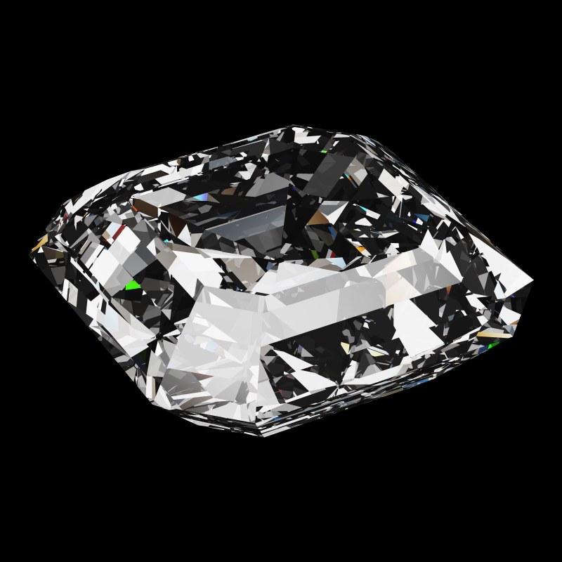 The Asscher Cut in diamond, rendered at an angle in our 3D Gemstone Simulator under studio light