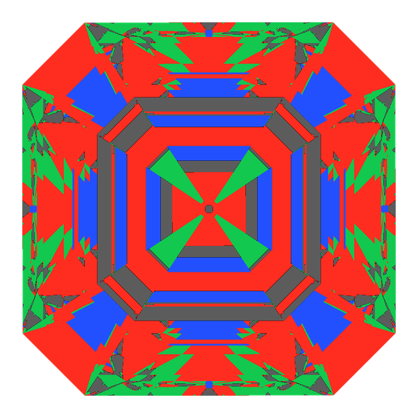 Asscher cut in diamond face-up Light Return map: red, green and blue show where the light returns from, grey shows where it leaks (Brilliance 69)