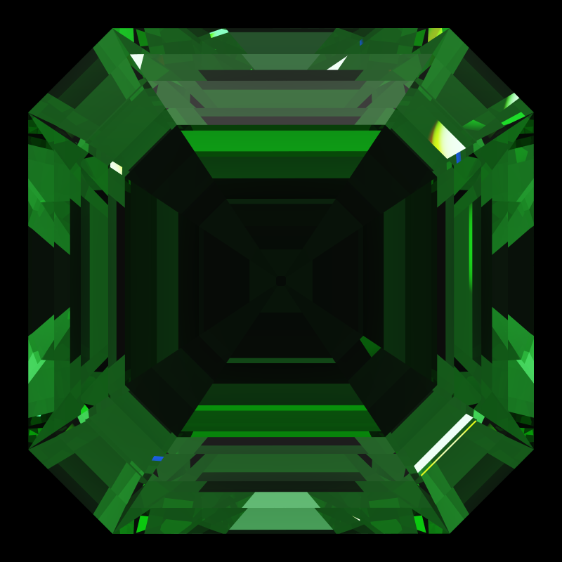 Asscher cut in emerald face-up under a single bright light: a render from our simulator, its coloured flashes are the fire (score 55)