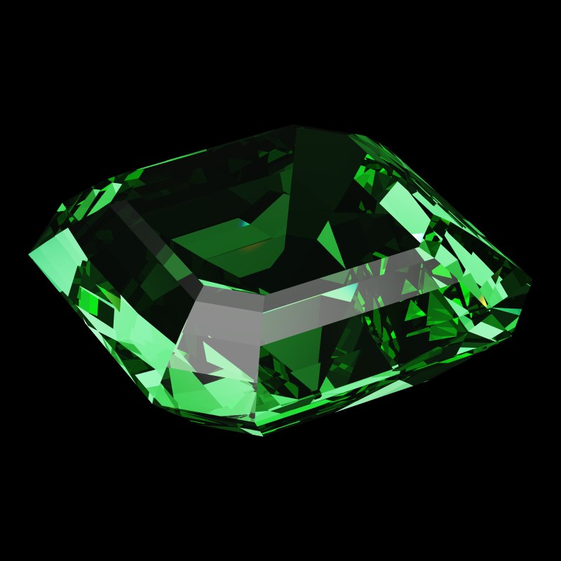 The Asscher Cut in emerald, rendered at an angle in our 3D Gemstone Simulator under studio light