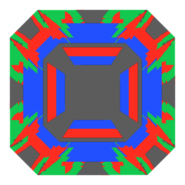Asscher cut in emerald face-up Light Return map: red, green and blue show where the light returns from, grey shows where it leaks (Brilliance 62)