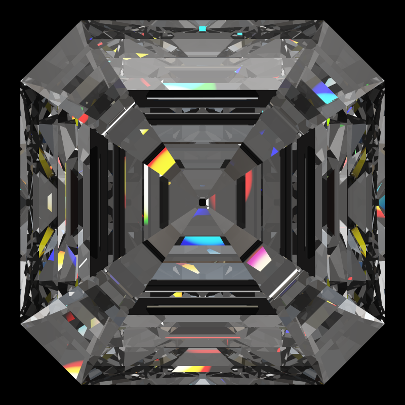 Asscher cut in moissanite face-up under a single bright light: a render from our simulator, its coloured flashes are the fire (score 94)
