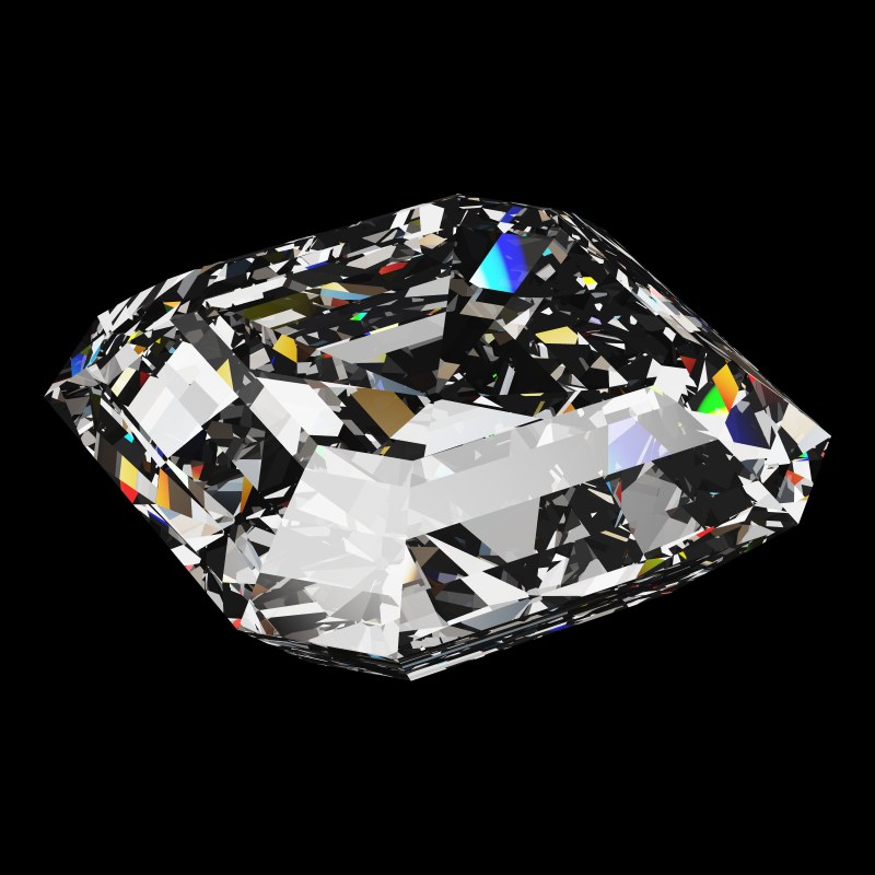 The Asscher Cut in moissanite, rendered at an angle in our 3D Gemstone Simulator under studio light
