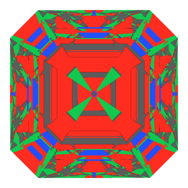 Asscher cut in moissanite face-up Light Return map: red, green and blue show where the light returns from, grey shows where it leaks (Brilliance 64)