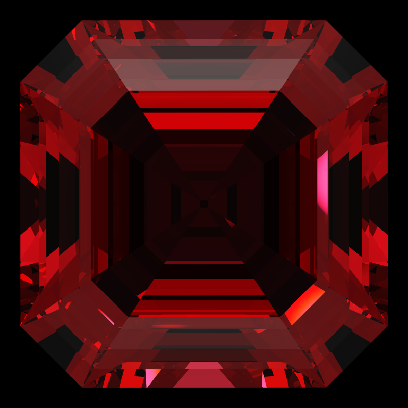 Asscher cut in ruby face-up under a single bright light: a render from our simulator, its coloured flashes are the fire (score 53)