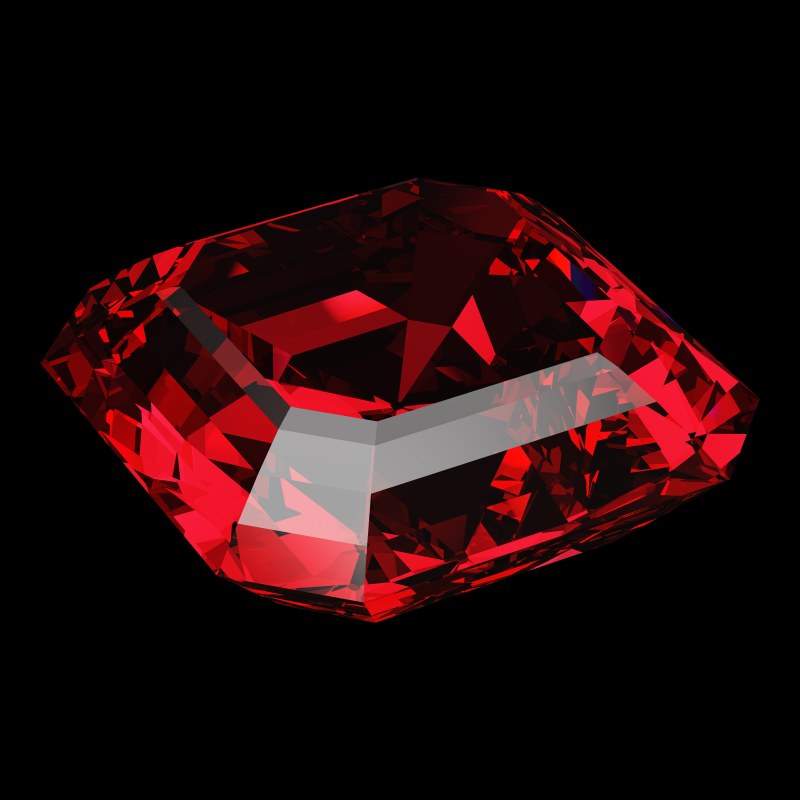 The Asscher Cut in ruby, rendered at an angle in our 3D Gemstone Simulator under studio light