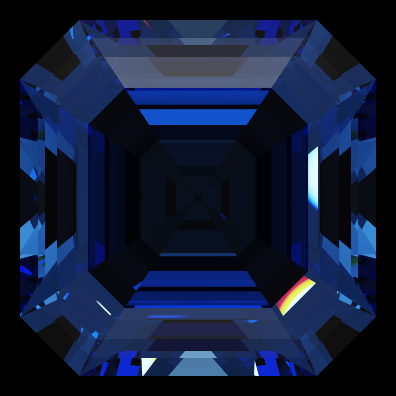 Asscher cut in sapphire face-up under a single bright light: a render from our simulator, its coloured flashes are the fire (score 53)