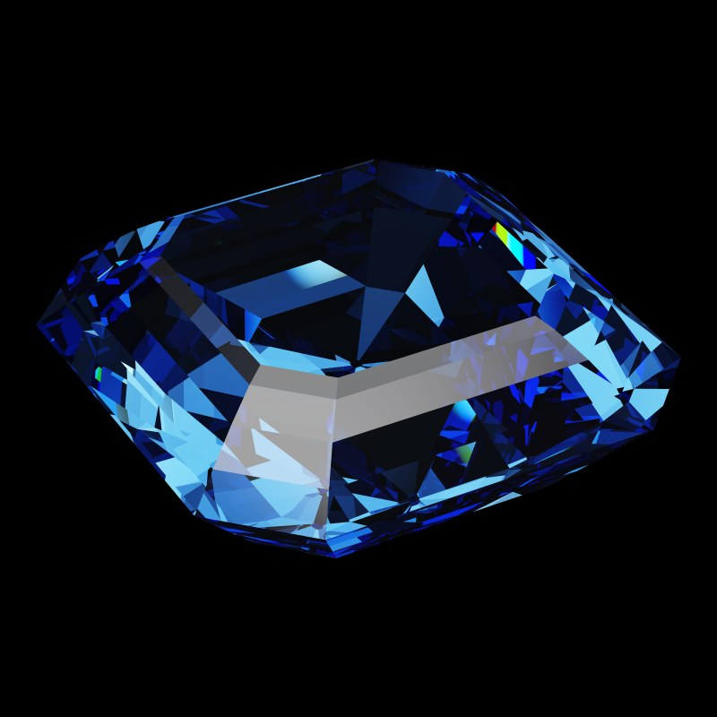 The Asscher Cut in sapphire, rendered at an angle in our 3D Gemstone Simulator under studio light