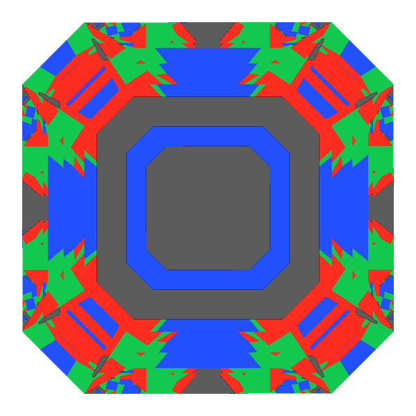 Asscher cut in sapphire face-up Light Return map: red, green and blue show where the light returns from, grey shows where it leaks (Brilliance 68)