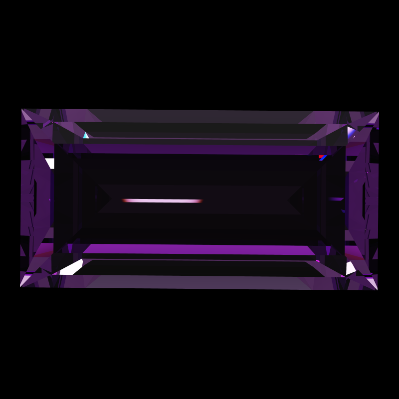Baguette cut in amethyst face-up under a single bright light: a render from our simulator, its coloured flashes are the fire (score 59)