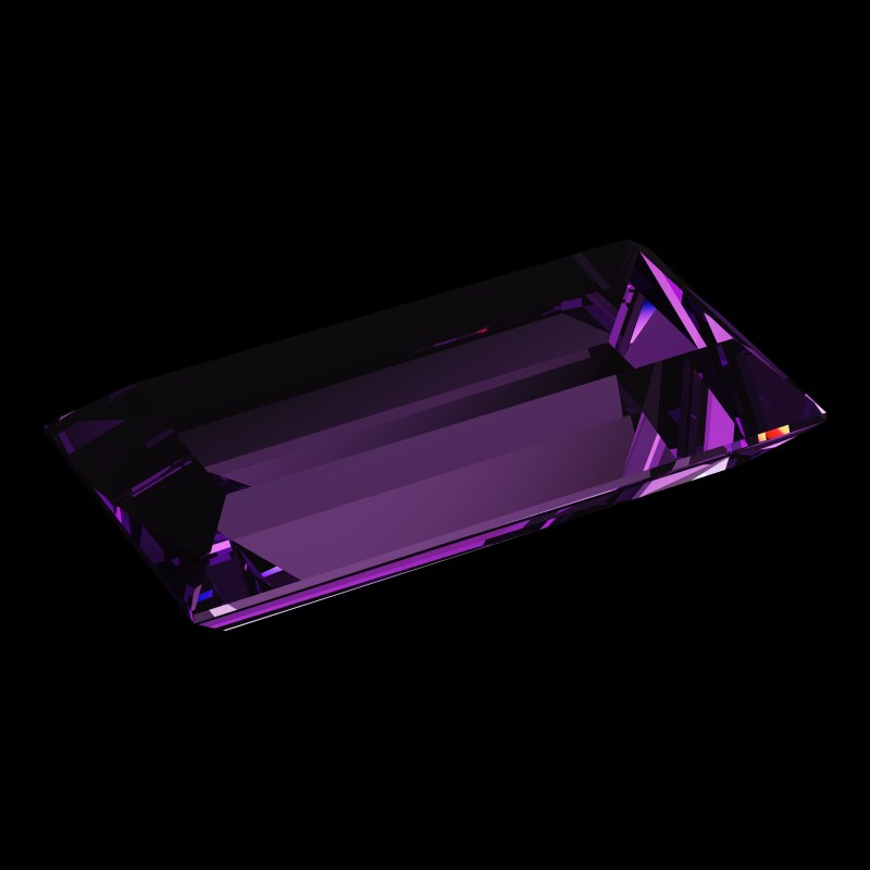 The Baguette Cut in amethyst, rendered at an angle in our 3D Gemstone Simulator under studio light