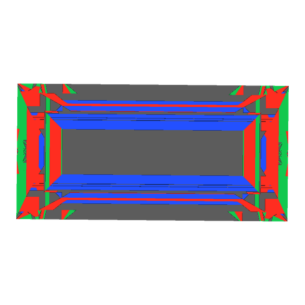 Baguette cut in amethyst face-up Light Return map: red, green and blue show where the light returns from, grey shows where it leaks (Brilliance 40)