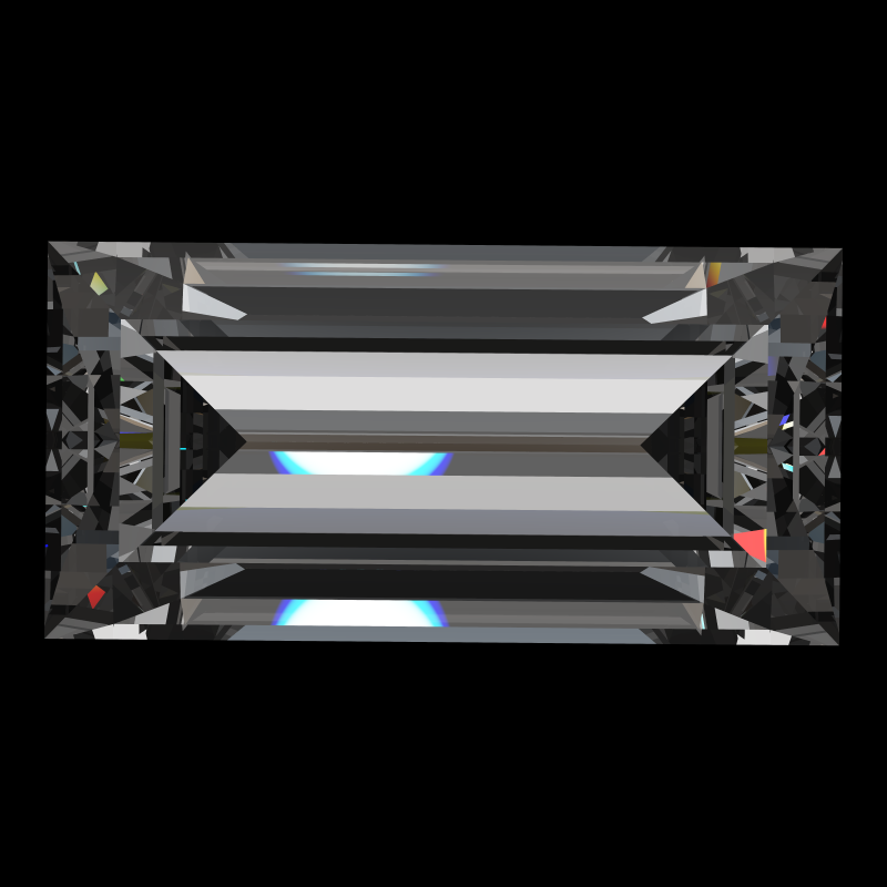 Baguette cut in cubic zirconia face-up under a single bright light: a render from our simulator, its coloured flashes are the fire (score 81)
