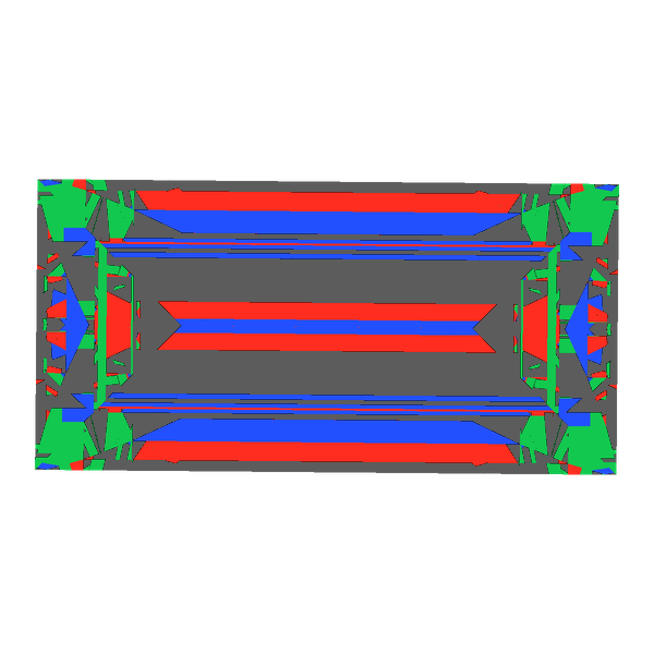 Baguette cut in cubic zirconia face-up Light Return map: red, green and blue show where the light returns from, grey shows where it leaks (Brilliance 46)