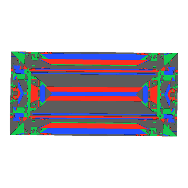 Baguette cut in diamond face-up Light Return map: red, green and blue show where the light returns from, grey shows where it leaks (Brilliance 40)