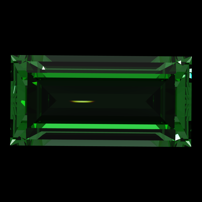 Baguette cut in emerald face-up under a single bright light: a render from our simulator, its coloured flashes are the fire (score 58)