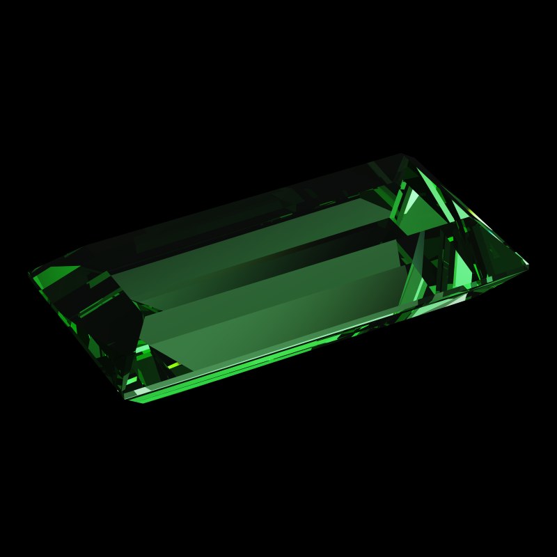 The Baguette Cut in emerald, rendered at an angle in our 3D Gemstone Simulator under studio light