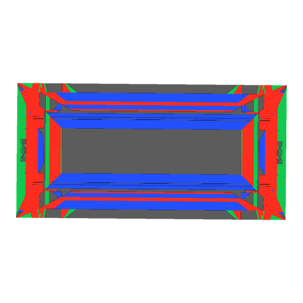 Baguette cut in emerald face-up Light Return map: red, green and blue show where the light returns from, grey shows where it leaks (Brilliance 42)