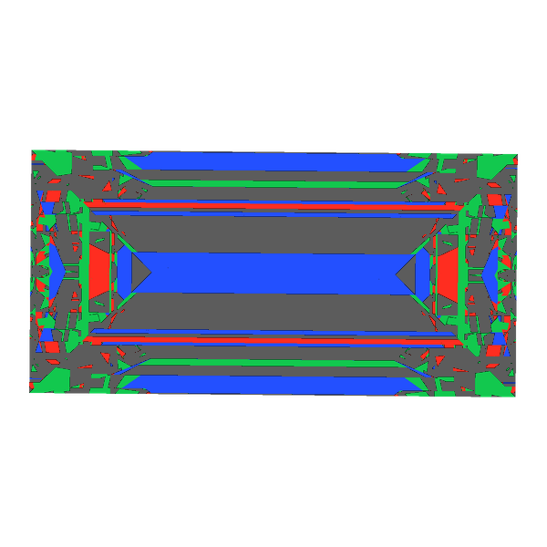 Baguette cut in moissanite face-up Light Return map: red, green and blue show where the light returns from, grey shows where it leaks (Brilliance 32)