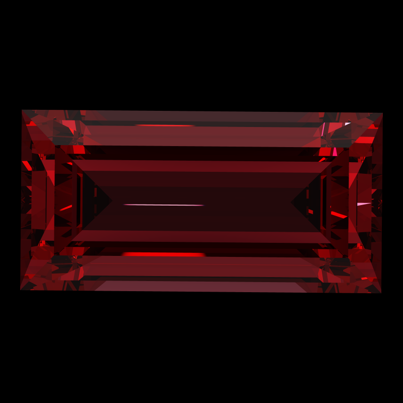 Baguette cut in ruby face-up under a single bright light: a render from our simulator, its coloured flashes are the fire (score 53)