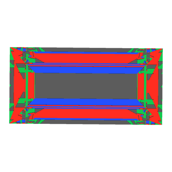 Baguette cut in ruby face-up Light Return map: red, green and blue show where the light returns from, grey shows where it leaks (Brilliance 53)
