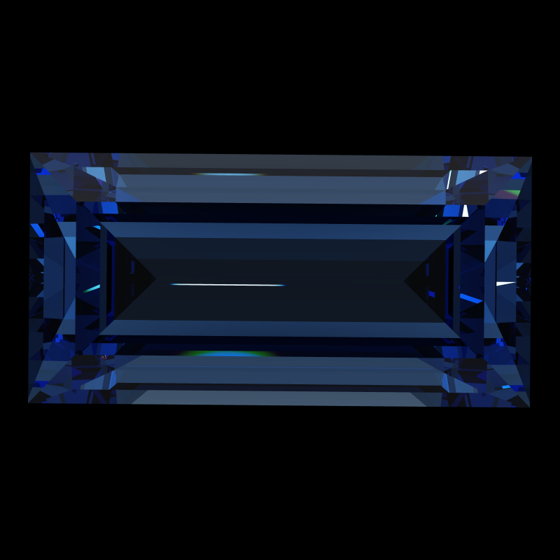 Baguette cut in sapphire face-up under a single bright light: a render from our simulator, its coloured flashes are the fire (score 53)