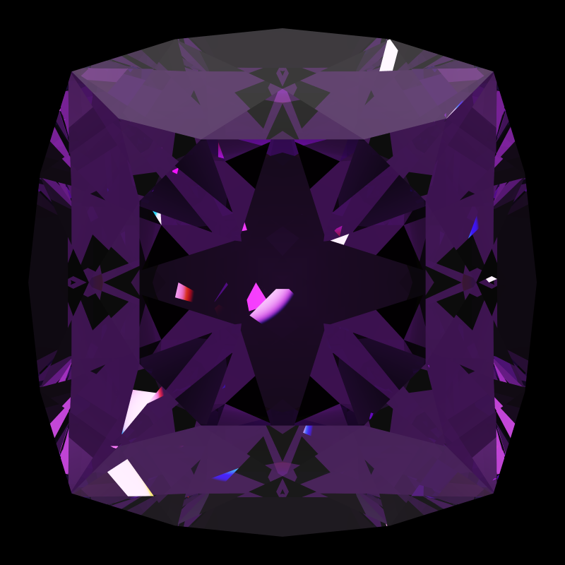 Cushion cut in amethyst face-up under a single bright light: a render from our simulator, its coloured flashes are the fire (score 24)