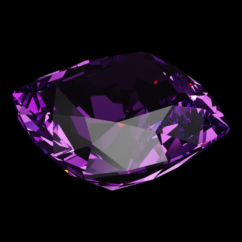 The Cushion Cut in amethyst, rendered at an angle in our 3D Gemstone Simulator under studio light