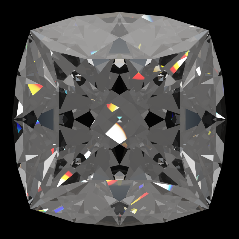 Cushion cut in cubic zirconia face-up under a single bright light: a render from our simulator, its coloured flashes are the fire (score 87)