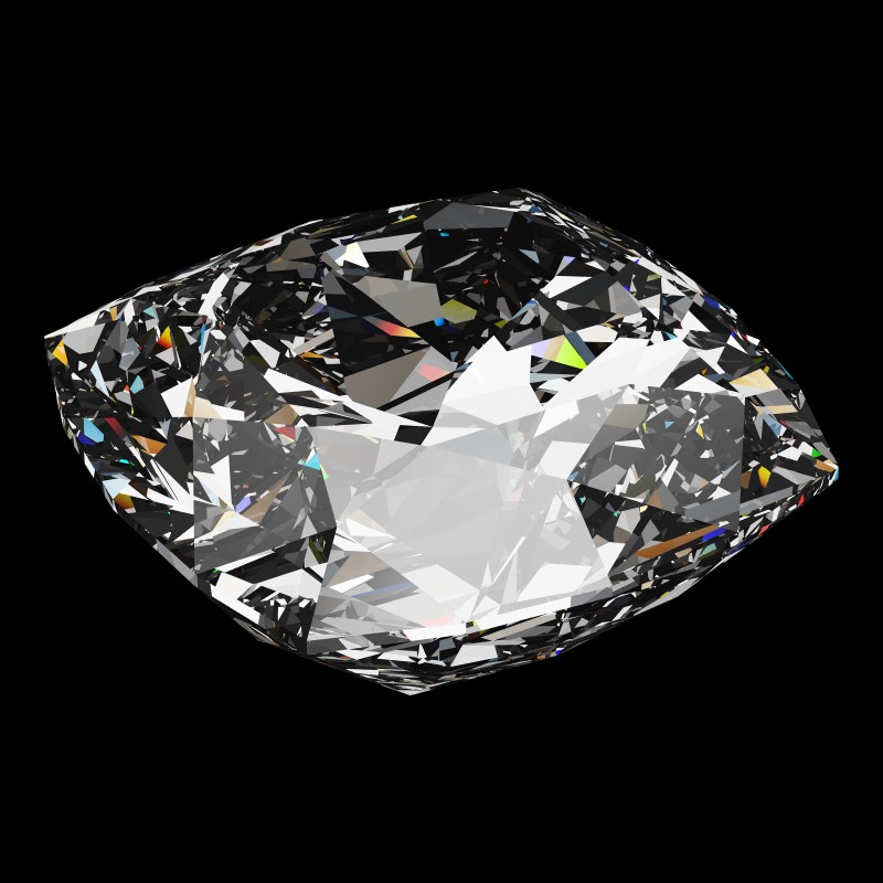 The Cushion Cut in cubic zirconia, rendered at an angle in our 3D Gemstone Simulator under studio light