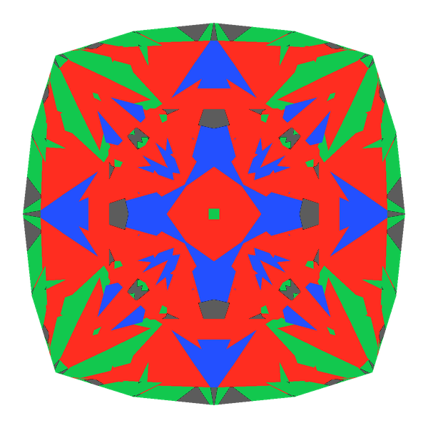 Cushion cut in cubic zirconia face-up Light Return map: red, green and blue show where the light returns from, grey shows where it leaks (Brilliance 88)