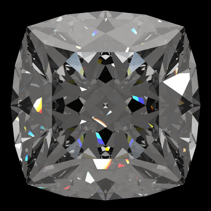 Cushion cut in diamond face-up under a single bright light: a render from our simulator, its coloured flashes are the fire (score 73)