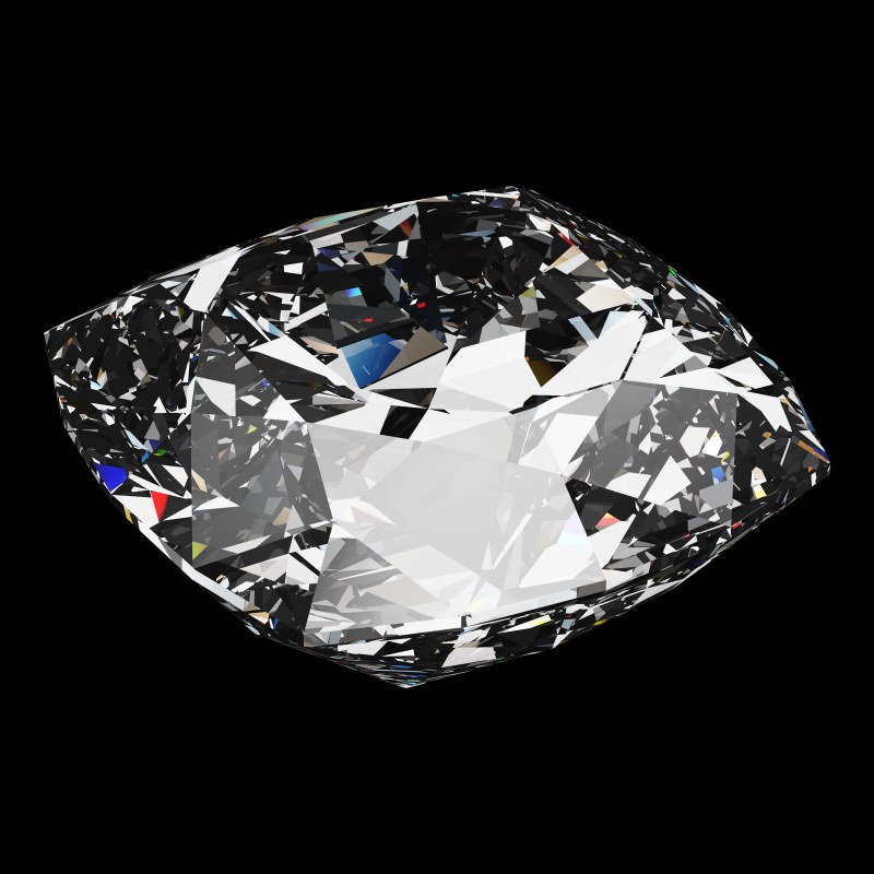 The Cushion Cut in diamond, rendered at an angle in our 3D Gemstone Simulator under studio light