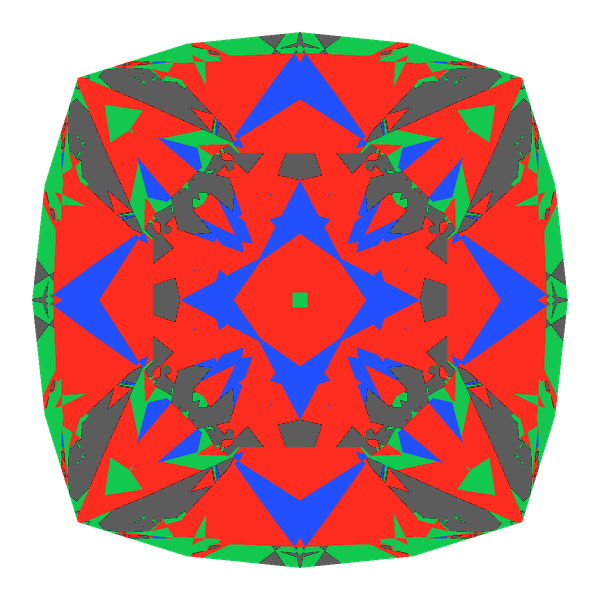 Cushion cut in diamond face-up Light Return map: red, green and blue show where the light returns from, grey shows where it leaks (Brilliance 80)