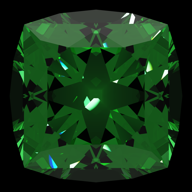 Cushion cut in emerald face-up under a single bright light: a render from our simulator, its coloured flashes are the fire (score 27)