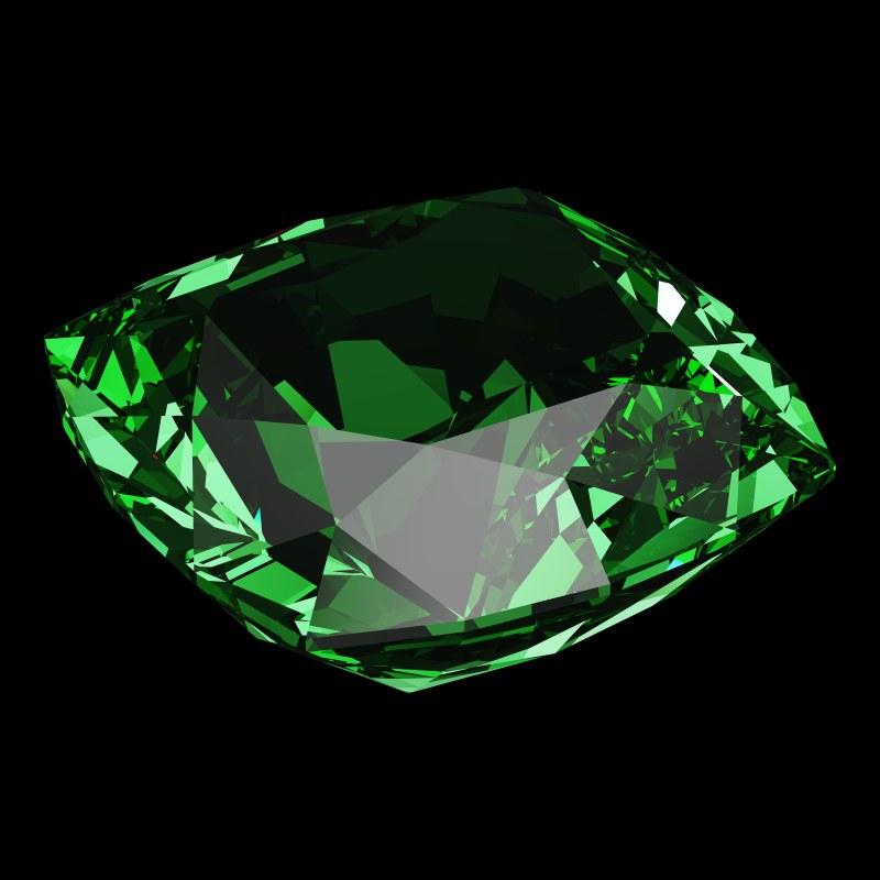 The Cushion Cut in emerald, rendered at an angle in our 3D Gemstone Simulator under studio light