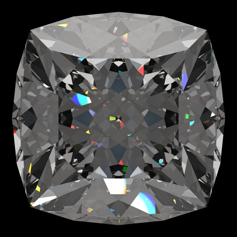 Cushion cut in moissanite face-up under a single bright light: a render from our simulator, its coloured flashes are the fire (score 93)