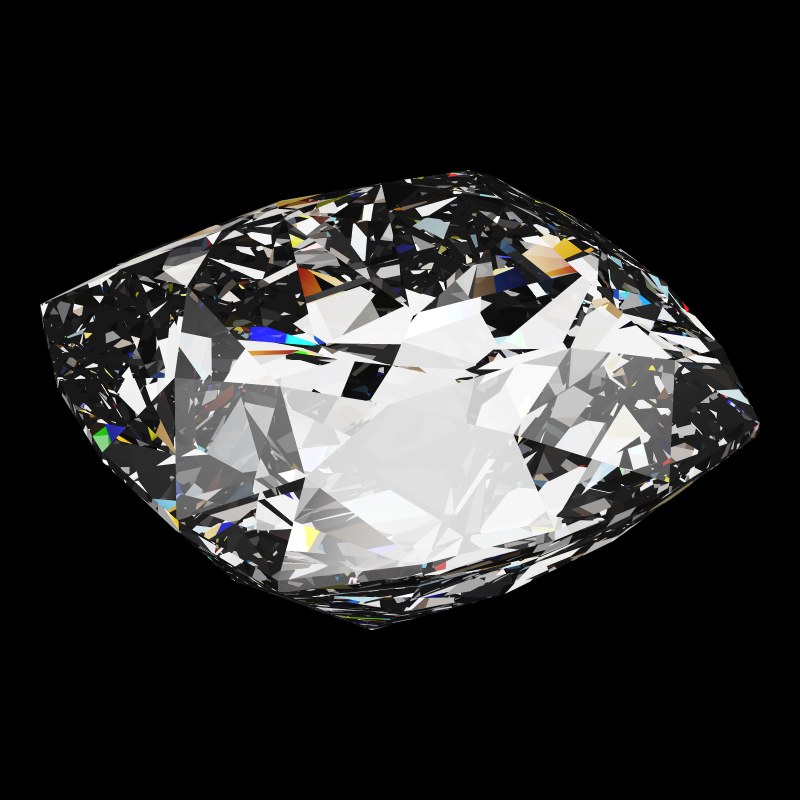 The Cushion Cut in moissanite, rendered at an angle in our 3D Gemstone Simulator under studio light