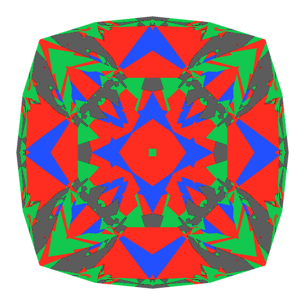 Cushion cut in moissanite face-up Light Return map: red, green and blue show where the light returns from, grey shows where it leaks (Brilliance 74)