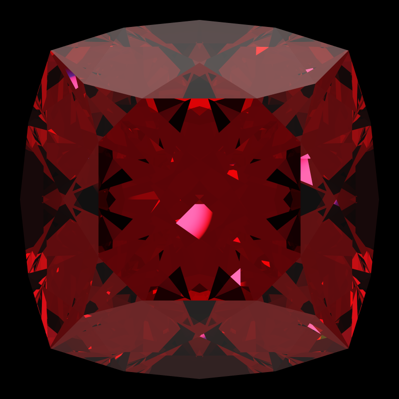 Cushion cut in ruby face-up under a single bright light: a render from our simulator, its coloured flashes are the fire (score 36)