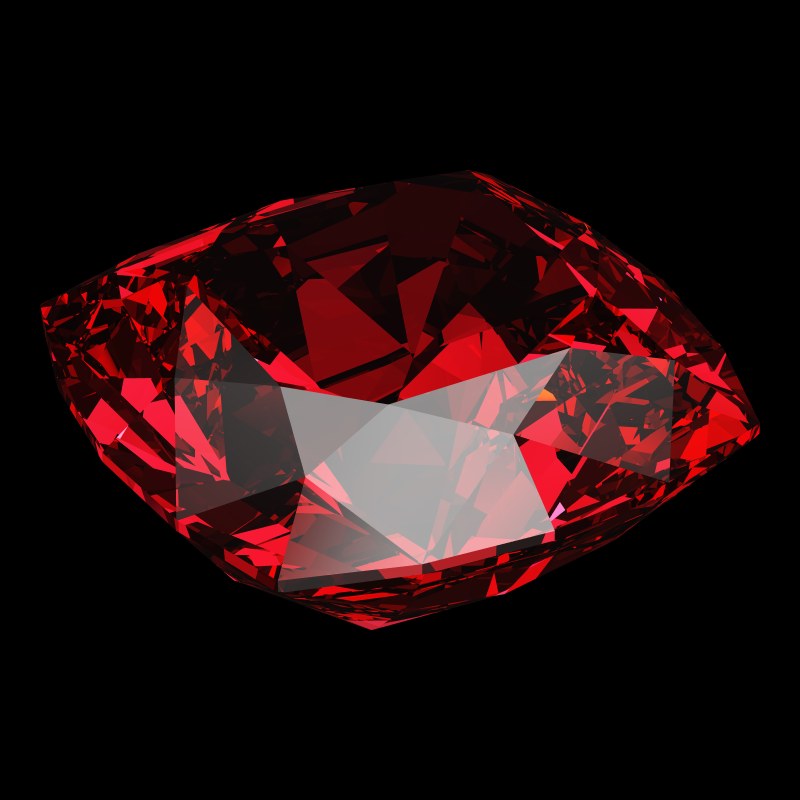 The Cushion Cut in ruby, rendered at an angle in our 3D Gemstone Simulator under studio light