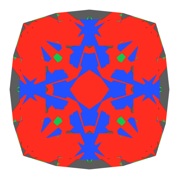 Cushion cut in ruby face-up Light Return map: red, green and blue show where the light returns from, grey shows where it leaks (Brilliance 88)