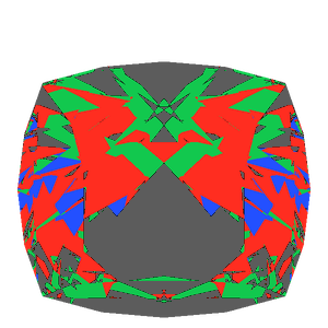 Cushion cut in ruby tilted 30 degrees: Light Return map, 36% of the face leaking
